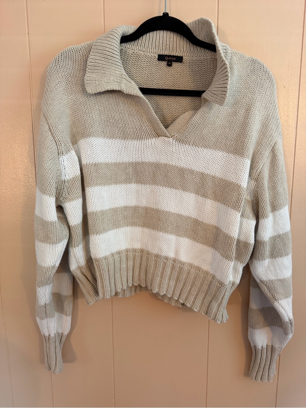 Quince Striped V‑Neck Collared Sweater — white & Tan